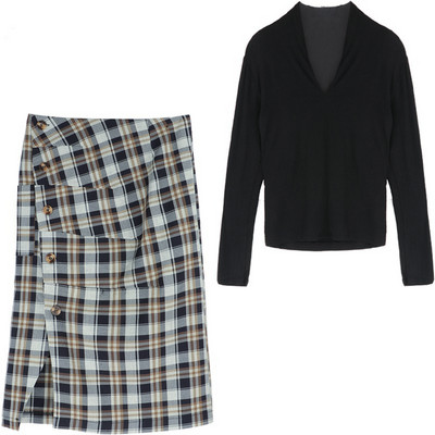 Set dama din doua piese - bluza cu fusta in carouri