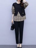 Naiste moodne ruuduline kaheosaline komplekt O-kaelusega pluusi ja pükstega