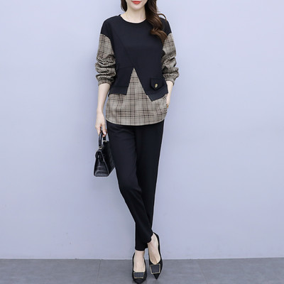 Naiste moodne ruuduline kaheosaline komplekt O-kaelusega pluusi ja pükstega