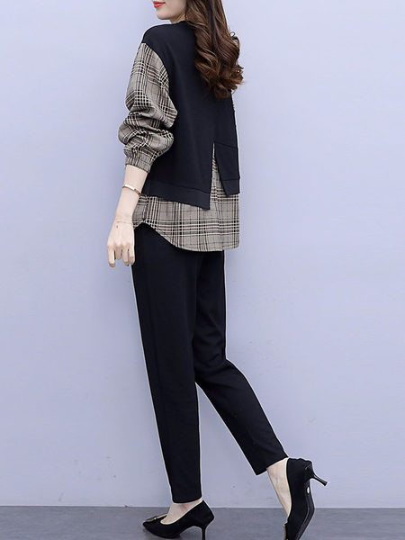 Naiste moodne ruuduline kaheosaline komplekt O-kaelusega pluusi ja pükstega