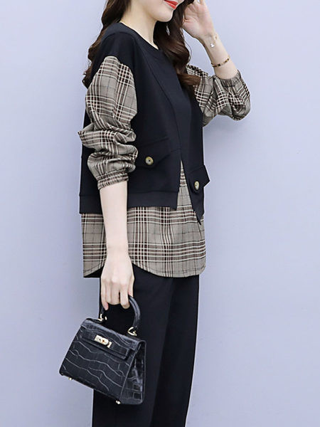 Naiste moodne ruuduline kaheosaline komplekt O-kaelusega pluusi ja pükstega