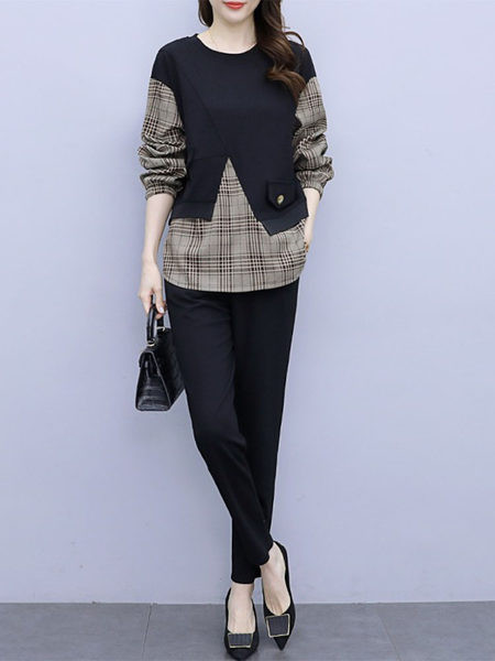 Naiste moodne ruuduline kaheosaline komplekt O-kaelusega pluusi ja pükstega