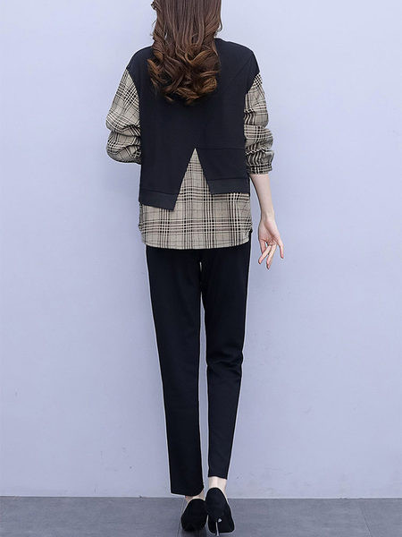 Naiste moodne ruuduline kaheosaline komplekt O-kaelusega pluusi ja pükstega