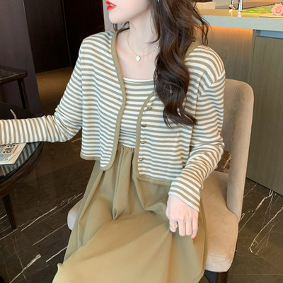 Naiste triibuline vesti ja kleidi kaheosaline komplekt