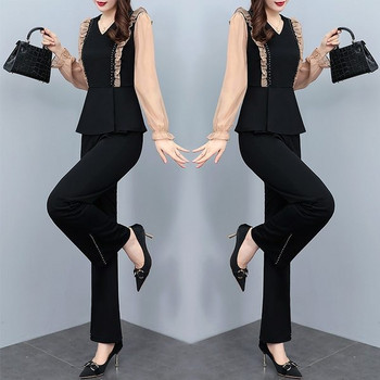 Модерен дамски комплект от две части блуза с шпиц деколте и панталон с широки крачоли