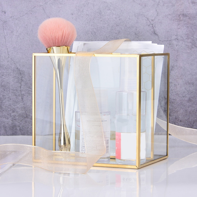 AFBC Nordic Gold Grid Glass Flip Storage Tank Box Luxury Modern Cosmetics Storage Box Container Micro-Landscape Flower Room