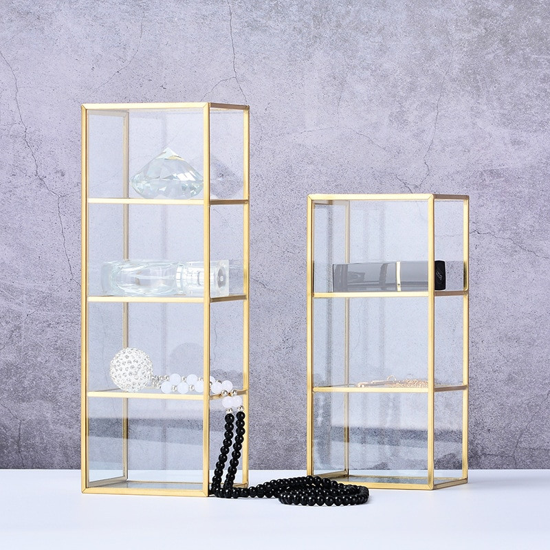 AFBC Nordic Gold Grid Glass Flip Storage Tank Box Luxury Modern Cosmetics Storage Box Container Micro-Landscape Flower Room