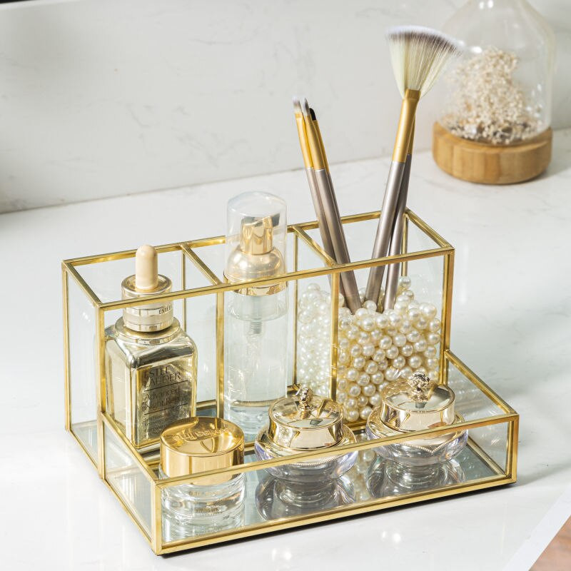 Skaidrus stiklinis kosmetikos šepetėlis laikymo kibiras Tualetinis stalas Odos priežiūros produktai Kvepalai Kosmetika Stalinio kompiuterio laikymo dėžutė