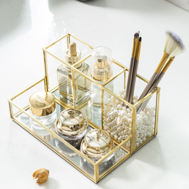 Skaidrus stiklinis kosmetikos šepetėlis laikymo kibiras Tualetinis stalas Odos priežiūros produktai Kvepalai Kosmetika Stalinio kompiuterio laikymo dėžutė