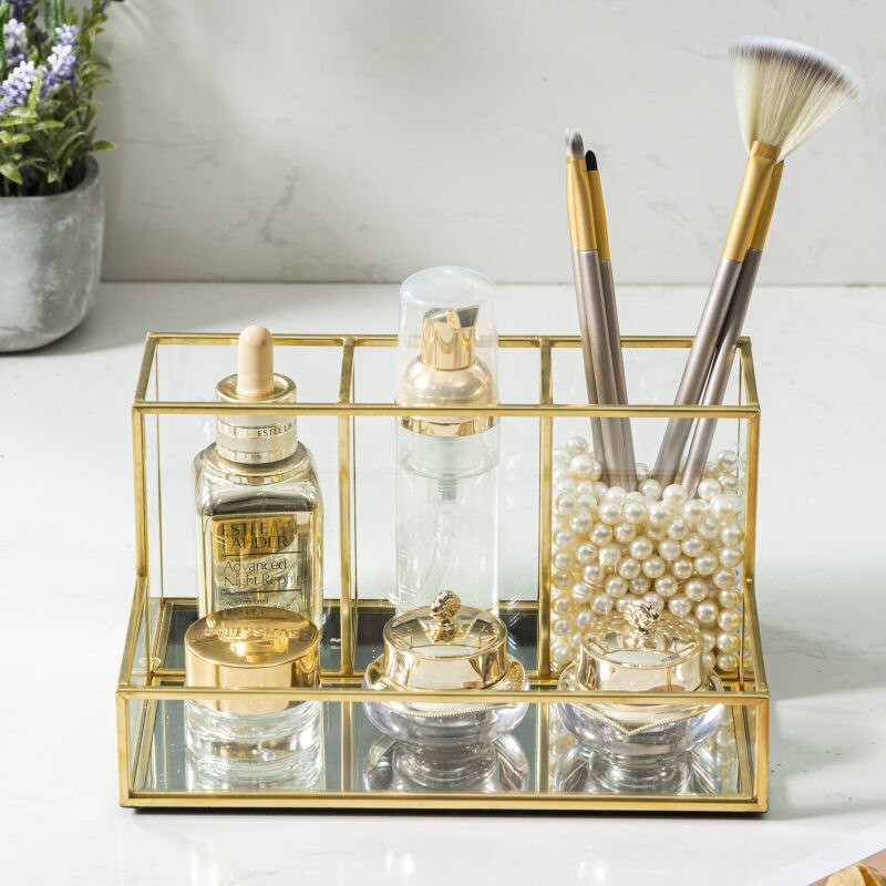 Skaidrus stiklinis kosmetikos šepetėlis laikymo kibiras Tualetinis stalas Odos priežiūros produktai Kvepalai Kosmetika Stalinio kompiuterio laikymo dėžutė