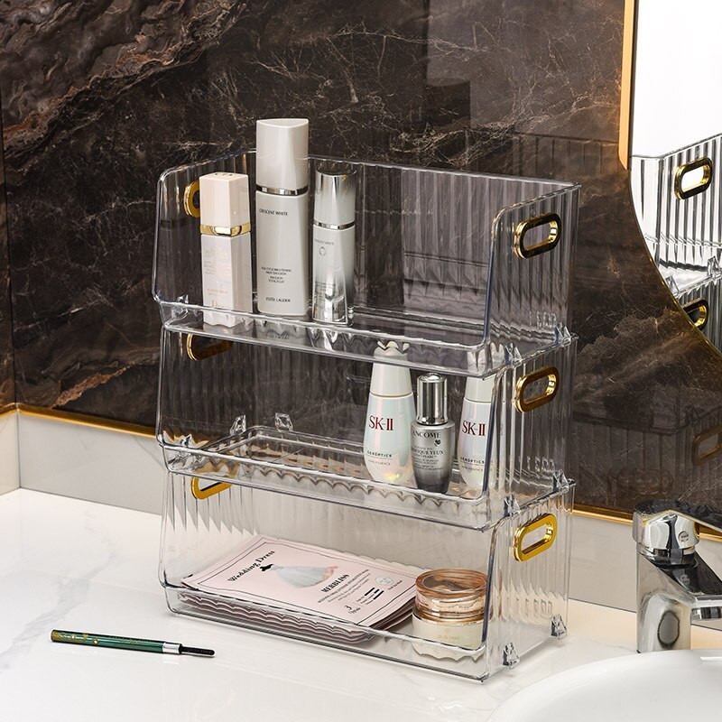 Organizator de produse cosmetice de birou de lux ușor Suport de machiaj transparent Dulap articole diverse de frumusețe Cutie de depozitare pentru gustări Organizator de baie