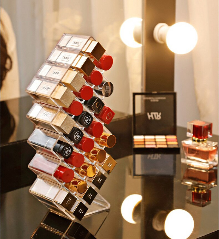 28 Grids Akrilinis makiažo organizatorius Lūpų dažų laikiklis Vitrinos dėklas Kosmetikos laikymo dėžutė Nagų lako lūpų blizgesio makiažo organizatorius