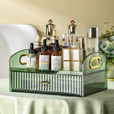 Πολυτελής οργάνωση μακιγιάζ με συρτάρι Πλαστικό κουτί αποθήκευσης καλλυντικών με φορητή λαβή Επιφάνεια νιπτήρα μπάνιου