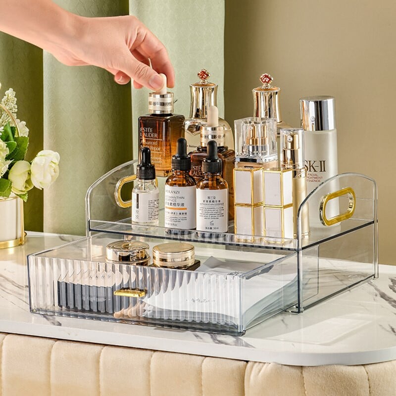 Πολυτελής οργάνωση μακιγιάζ με συρτάρι Πλαστικό κουτί αποθήκευσης καλλυντικών με φορητή λαβή Επιφάνεια νιπτήρα μπάνιου