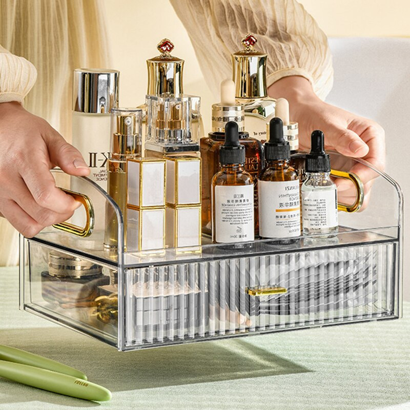 Πολυτελής οργάνωση μακιγιάζ με συρτάρι Πλαστικό κουτί αποθήκευσης καλλυντικών με φορητή λαβή Επιφάνεια νιπτήρα μπάνιου