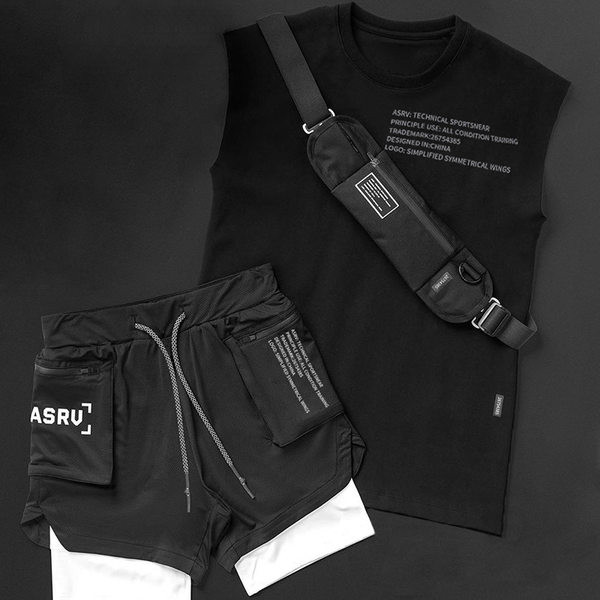 Ανδρικό ασύμμετρο φανελάκι με οβάλ λαιμόκοψη - μαύρο και γκρι χρώμα