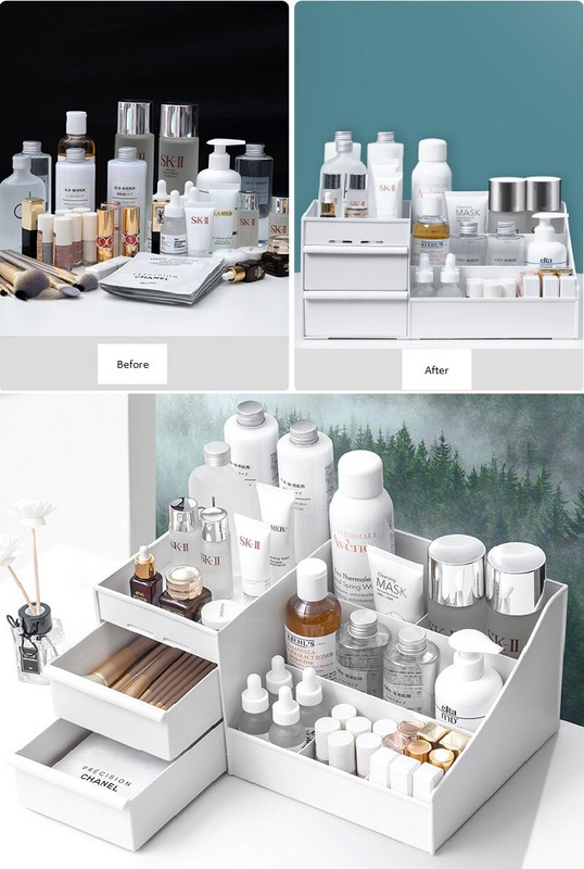 WBBOOMING Cutie de depozitare cosmetice Sertar Masă de toaletă din plastic pentru machiaj Raft pentru îngrijirea pielii Organizator pentru casă Container pentru bijuterii