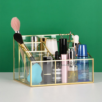 Διαφανές γυαλί Golden Edge Πινέλο Μακιγιάζ Κουτί αποθήκευσης Καλλυντικών Δοχείο Κραγιόν Κουτί κοσμημάτων Desktop Cosmetics Organizer