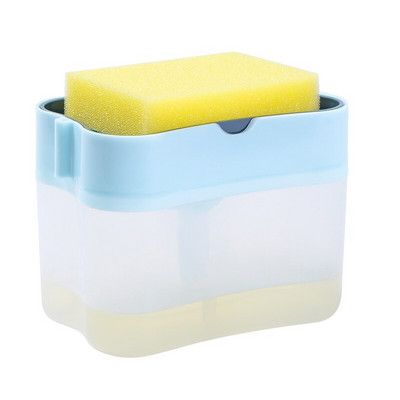 Δοχείο σαπουνιού 2 σε 1 και βούρτσα καθαρισμού υγρού κιβωτίου υγρού τύπου Sponge Caddy Push Automatic Dosing Device Scouring Pad Cleaning Brush