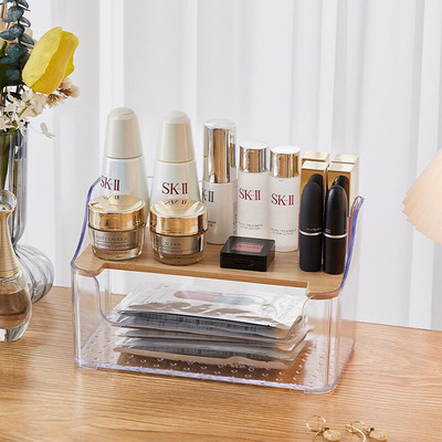 Κουτί αποθήκευσης μακιγιάζ επιφάνειας εργασίας Κουτί αποθήκευσης Μακιγιάζ διπλής στρώσης Space Design Μάσκες προσώπου Beauty Cosmetic Organizer Ακρυλικό+Ξύλο Μακιγιάζ Κουτί αποθήκευσης