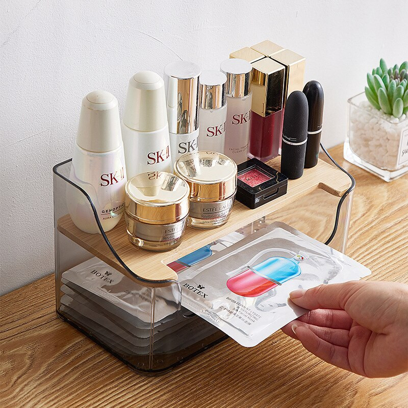 Κουτί αποθήκευσης μακιγιάζ επιφάνειας εργασίας Κουτί αποθήκευσης Μακιγιάζ διπλής στρώσης Space Design Μάσκες προσώπου Beauty Cosmetic Organizer Ακρυλικό+Ξύλο Μακιγιάζ Κουτί αποθήκευσης