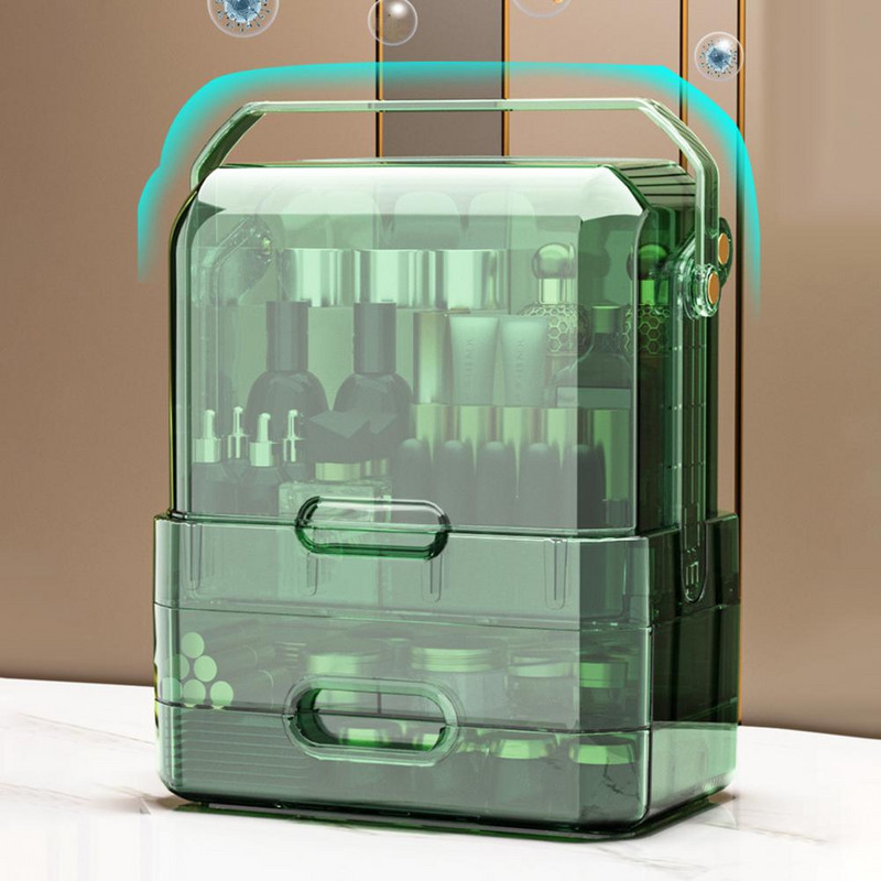 Naudingas makiažo laikiklis, lygus paviršius su rankena, drėgmei atsparios kosmetikos laikymo tvarkyklė miegamajam