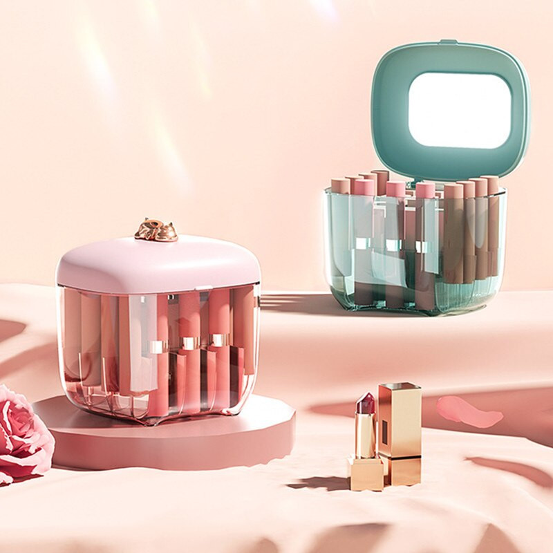 Organizatoare de machiaj Cutie de depozitare pentru ruj de lux, rezistentă la praf, drăguț din plastic, pentru cosmetice de birou, masă de toaletă multifuncțională cu oglindă