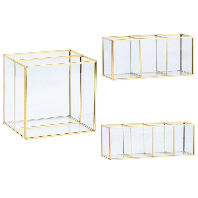 Nordic Gold Grid Glass Flip Storage Tank Box Luxury Modern Cosmetics Storage Box Container Micro-Landscape Flower Room