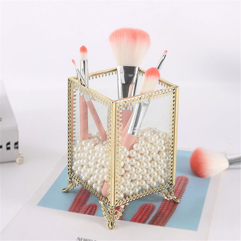 Pitsist kosmeetikavahendaja hoiukarbi ümbris, kaaneta Lihtne vintage meigipintsel, hoiutoru meigitööriist, klaasist hoiukarp