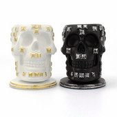 Container de depozitare pentru machiaj cu craniu rotativ, cu paiete din rășină, cu cap de schelet, suport pentru tub pentru stilou, ornament pentru casa, bijuterii, organizator pentru baie