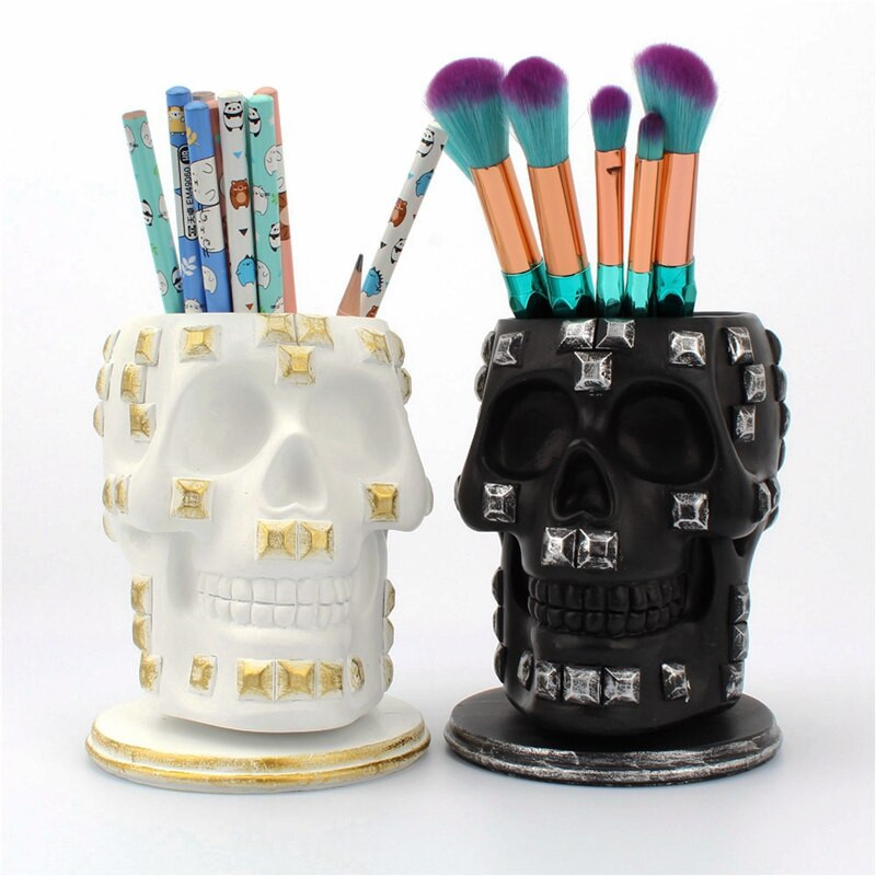 Container de depozitare pentru machiaj cu craniu rotativ, cu paiete din rășină, cu cap de schelet, suport pentru tub pentru stilou, ornament pentru casa, bijuterii, organizator pentru baie