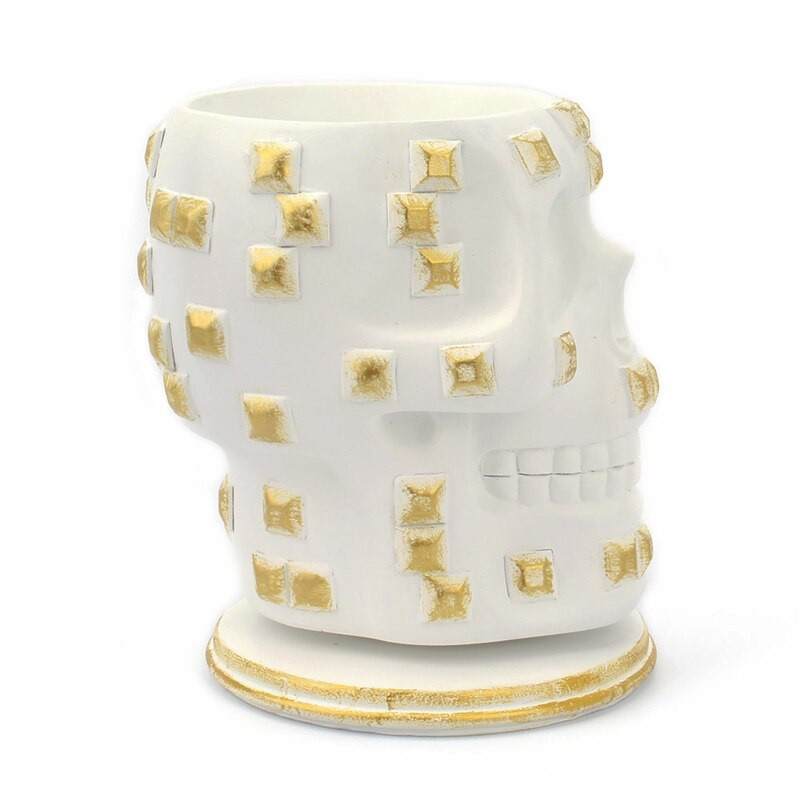 Container de depozitare pentru machiaj cu craniu rotativ, cu paiete din rășină, cu cap de schelet, suport pentru tub pentru stilou, ornament pentru casa, bijuterii, organizator pentru baie