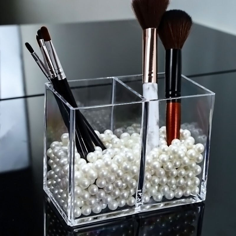 Student Desktop Organizer Square Pen HolderOrganizer Box 2 Grids Acrylic Brush Storage Tube Clear Storage Box