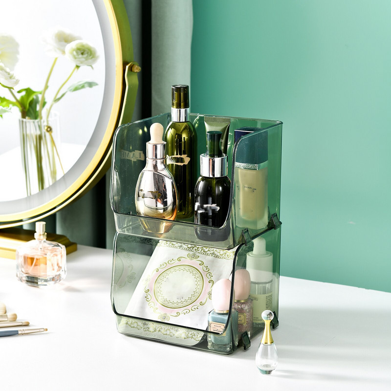 2 tk plastikust meigivahendaja mitmeotstarbelised suure mahutavusega salved ruumi säästvate tarvikute jaoks lauaarvuti kosmeetikakarp