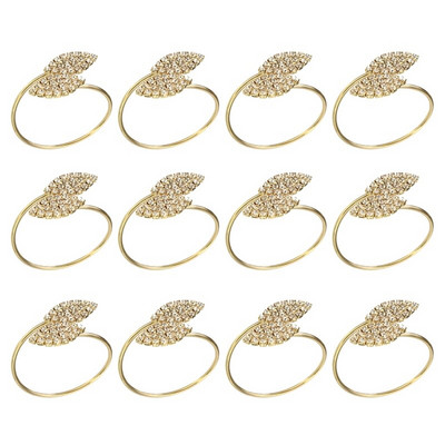 Inel de șervețel, 12 suporturi metalice pentru inele de șervețel pentru decorarea mesei de nuntă (frunze-aurie)