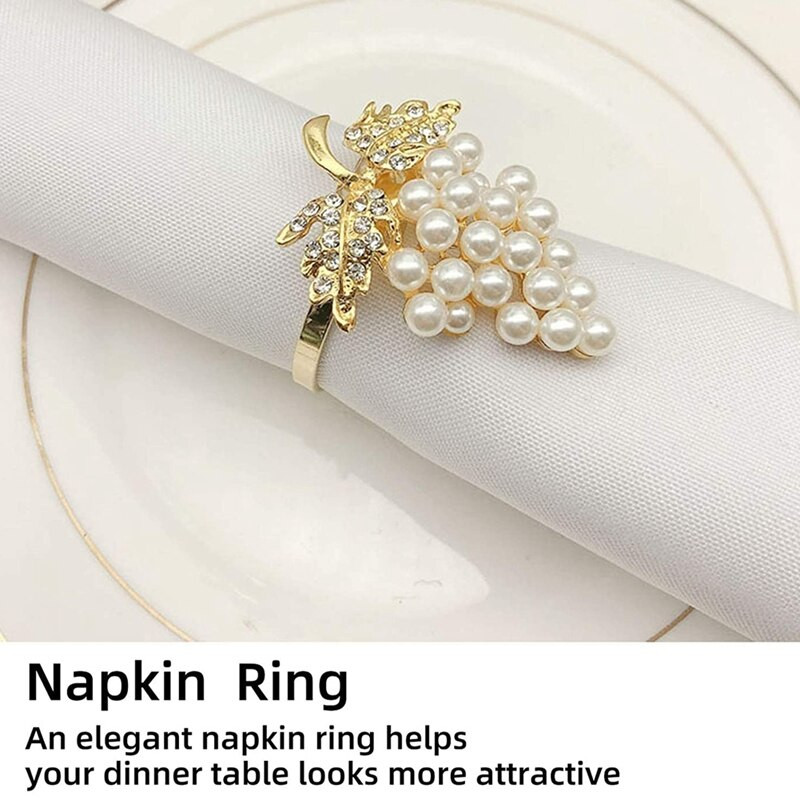 Vynuogių servetėlių žiedų rinkinys po 6, su blizgančiu deimantų ir perlų inkrustacijos lydinio servetėlių žiedo laikikliu