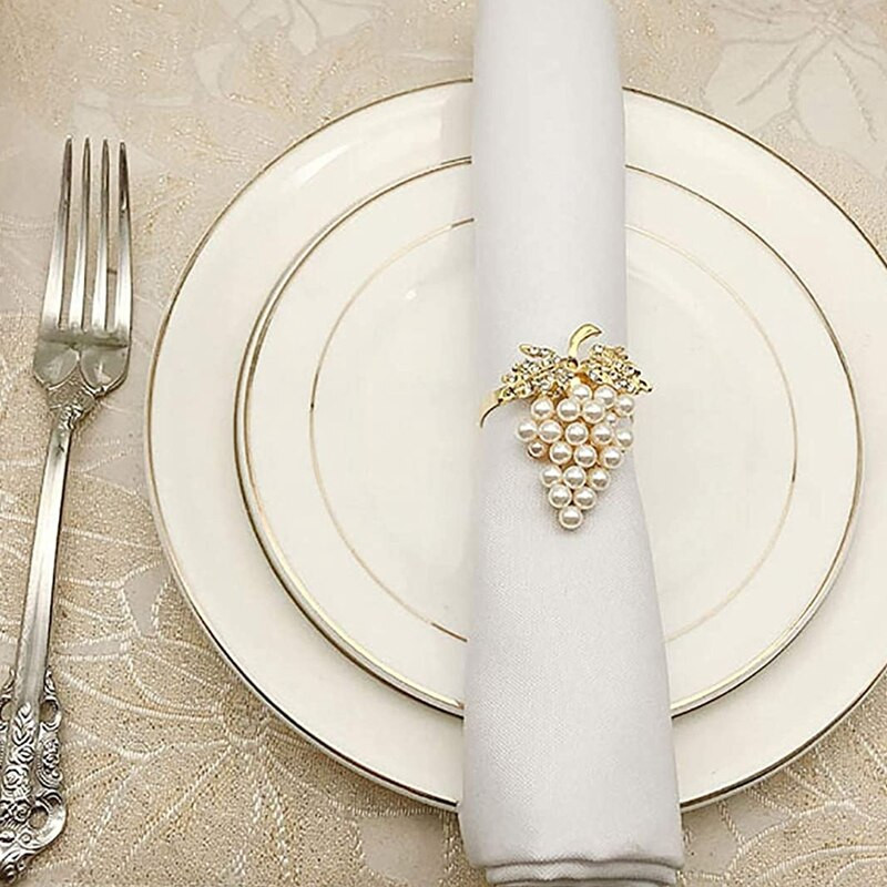 Vynuogių servetėlių žiedų rinkinys po 6, su blizgančiu deimantų ir perlų inkrustacijos lydinio servetėlių žiedo laikikliu