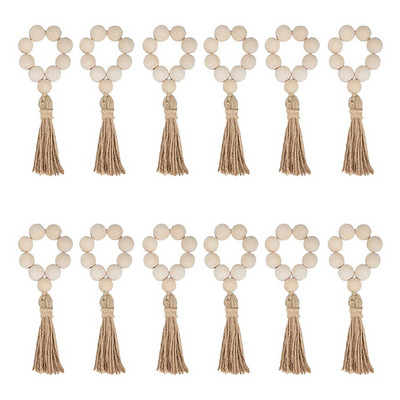 6 τμχ Δαχτυλίδια για χαρτοπετσέτα από ξύλινες χάντρες Φυσικές ξύλινες χάντρες Θήκες χαρτοπετσέτας με φούντες Ελαστικές ξύλινες πόρπες για τα Χριστούγεννα HWH83