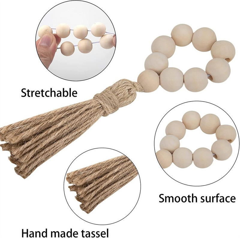 6 τμχ Δαχτυλίδια για χαρτοπετσέτα από ξύλινες χάντρες Φυσικές ξύλινες χάντρες Θήκες χαρτοπετσέτας με φούντες Ελαστικές ξύλινες πόρπες για τα Χριστούγεννα HWH83