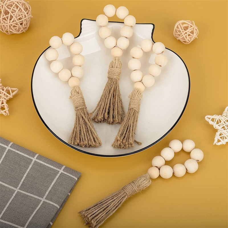 6 τμχ Δαχτυλίδια για χαρτοπετσέτα από ξύλινες χάντρες Φυσικές ξύλινες χάντρες Θήκες χαρτοπετσέτας με φούντες Ελαστικές ξύλινες πόρπες για τα Χριστούγεννα HWH83