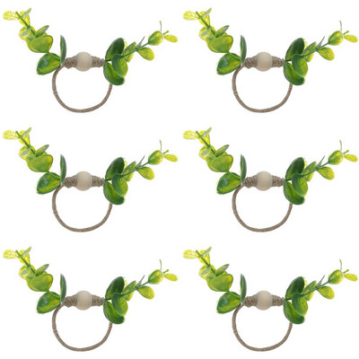 6 tk Eukalüpti salvrätiku rõngad Käsitsi valmistatud rohelised salvrätiku pandlahoidjad Dekoratiivsed eukalüptilehed Garlandi pulmapeo lauakaunistus