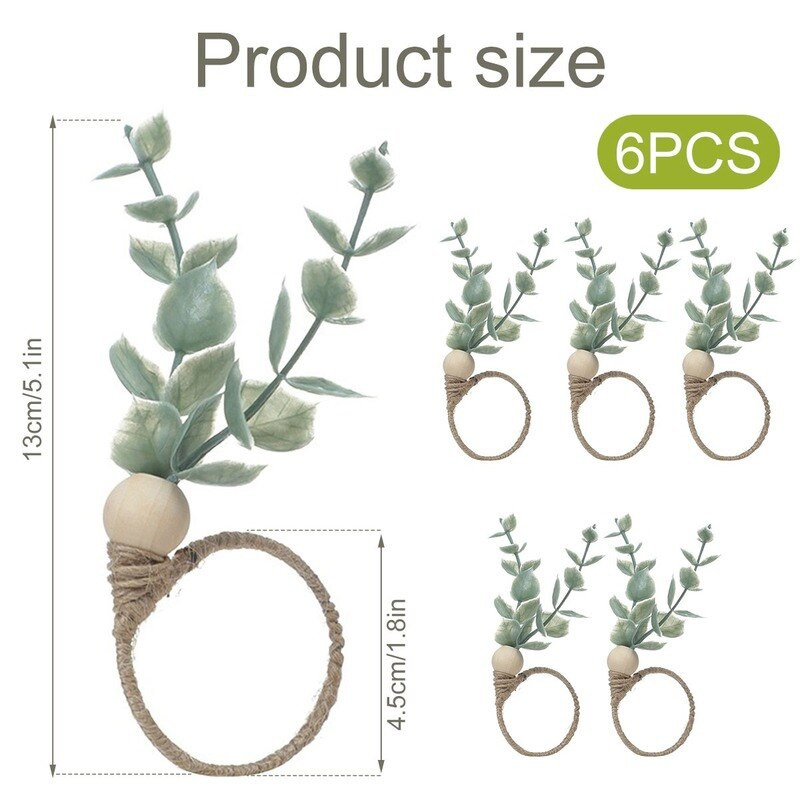 6 tk Eukalüpti salvrätiku rõngad Käsitsi valmistatud rohelised salvrätiku pandlahoidjad Dekoratiivsed eukalüptilehed Garlandi pulmapeo lauakaunistus