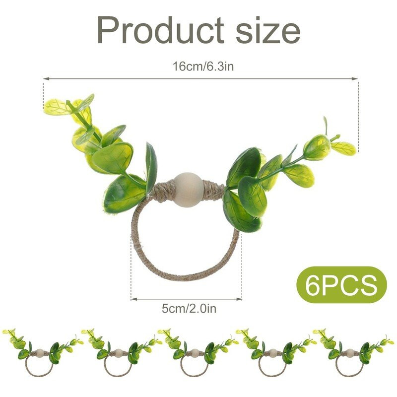 6 tk Eukalüpti salvrätiku rõngad Käsitsi valmistatud rohelised salvrätiku pandlahoidjad Dekoratiivsed eukalüptilehed Garlandi pulmapeo lauakaunistus