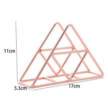 Държач за салфетки Метален триъгълник Поставка за хартия Дозатор за кърпички Луксозен ретро Розово злато Декорация за маса Свободностоящ домашен декор