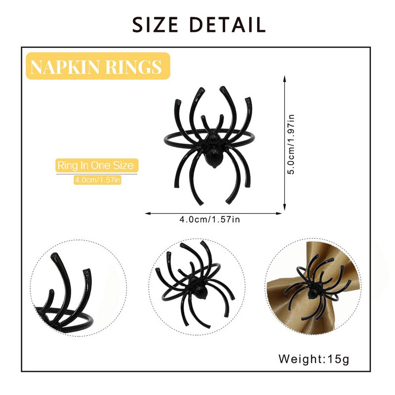 Dvianna Ασημένια δαχτυλίδια χαρτοπετσέτας σετ 6 δαχτυλιδιών μαύρης αράχνης θήκης για χαρτοπετσέτες αποκριάτικες διακοσμήσεις HWH12