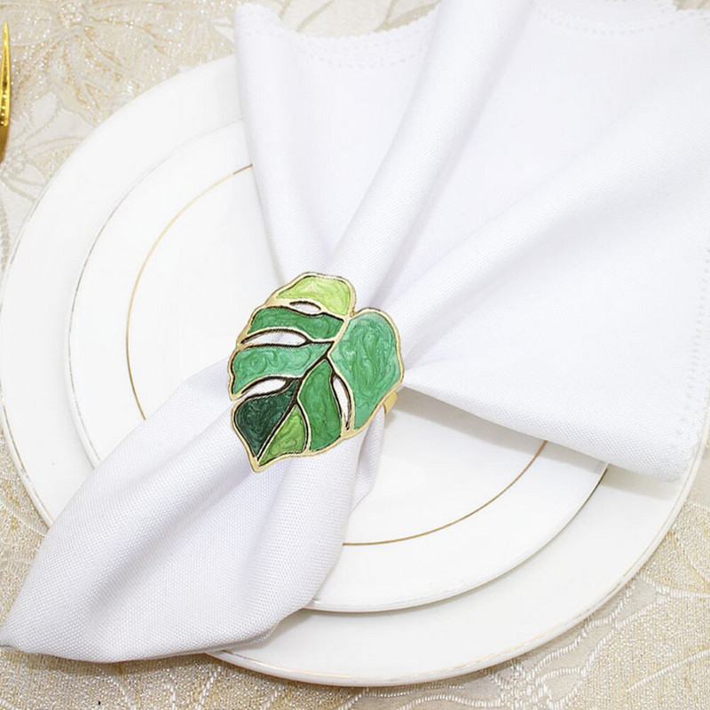 Salvräti sõrmus Sõrmused hoidik Leht pand Serviette Hawaii kilpkonna lillede pulm Luau pidu Roheline troopiline päevalille metallist laud