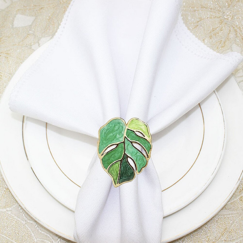 Salvräti sõrmus Sõrmused hoidik Leht pand Serviette Hawaii kilpkonna lillede pulm Luau pidu Roheline troopiline päevalille metallist laud
