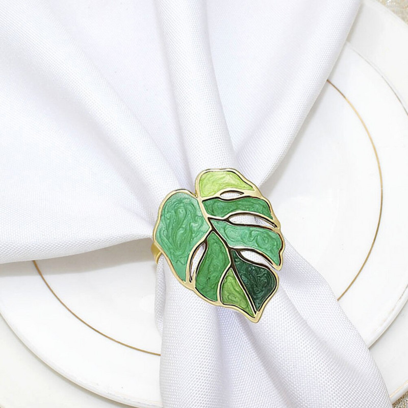 Salvräti sõrmus Sõrmused hoidik Leht pand Serviette Hawaii kilpkonna lillede pulm Luau pidu Roheline troopiline päevalille metallist laud