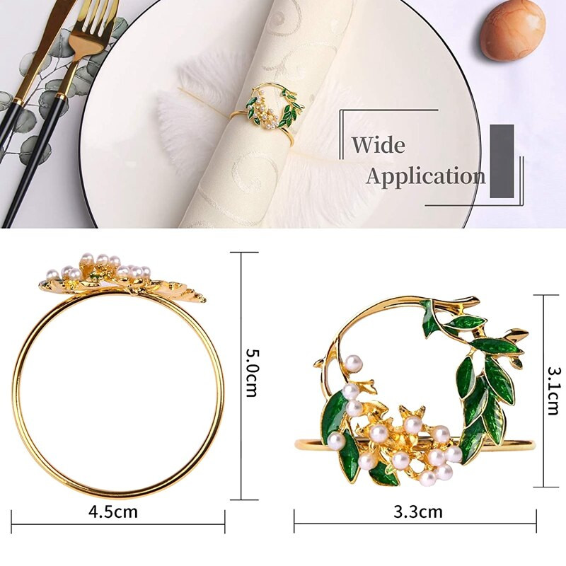 Inel de șervețel cu flori de perla aurie Inele de șervețel Set de 6 suporturi metalice pentru șervețele pentru decorarea mesei de nuntă