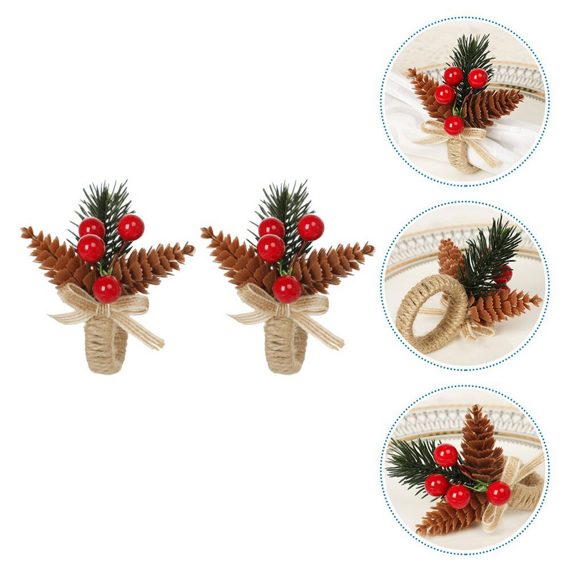 Δαχτυλίδια χαρτοπετσέτας Τραπέζι με δαχτυλίδι Χριστουγεννιάτικη ρουστίκ θήκη κουκουνάρι Διακοσμητικά λινό Κύκλος Φεστιβάλ Γάμου Αγροικία Κόκκινα Διακοσμητικά